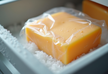 Bloc de fromage dans un sac de congélation dans un tiroir givré