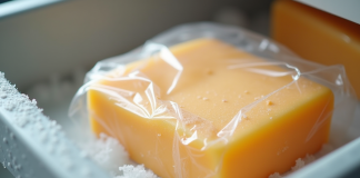 Bloc de fromage dans un sac de congélation dans un tiroir givré