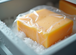 Congeler du fromage : bonne ou mauvaise idée ? Bloc de fromage dans un sac de congélation dans un tiroir givré