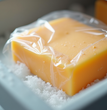 Bloc de fromage dans un sac de congélation dans un tiroir givré