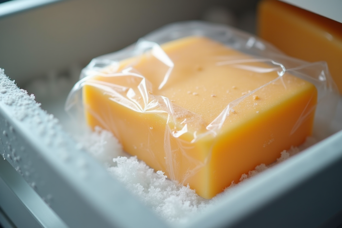 fromage-congele-sous-vide Bloc de fromage dans un sac de congélation dans un tiroir givré
