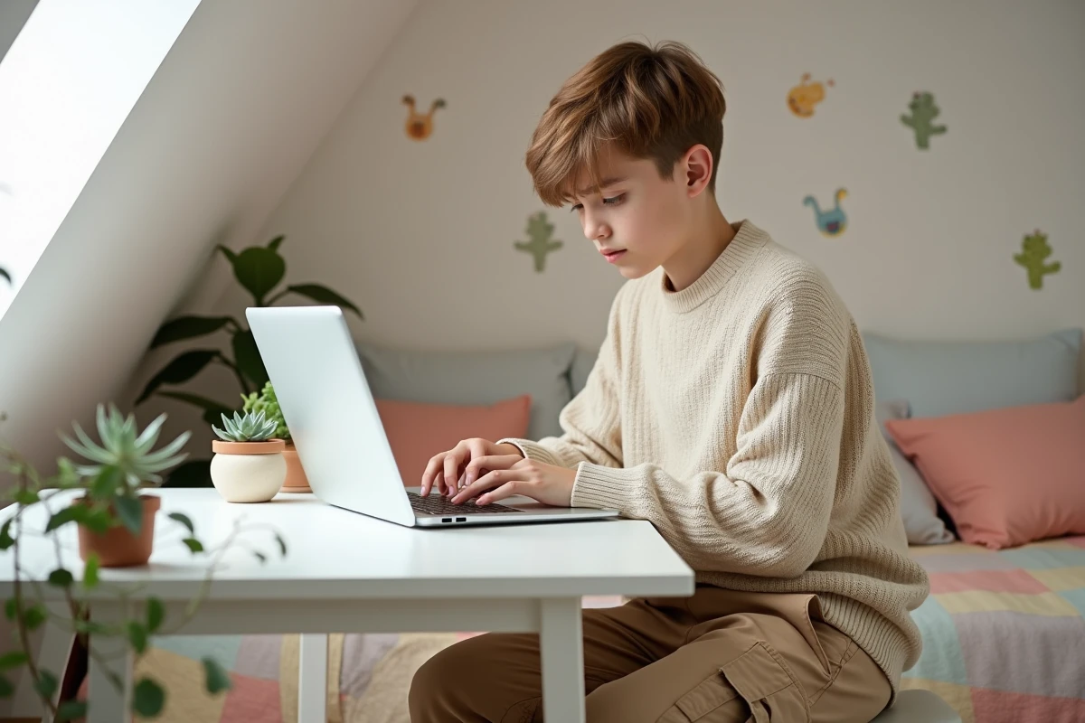 Gar&ccedil;on de 16 ans arrangeant des succulentes dans son bureau