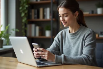 Jeune femme utilisant Govioz sur smartphone depuis son bureau à domicile en 2026