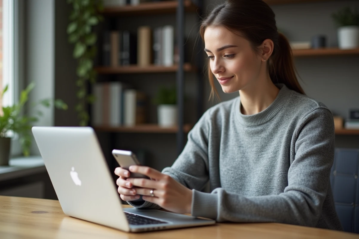 Jeune femme utilisant Govioz sur smartphone depuis son bureau à domicile en 2026
