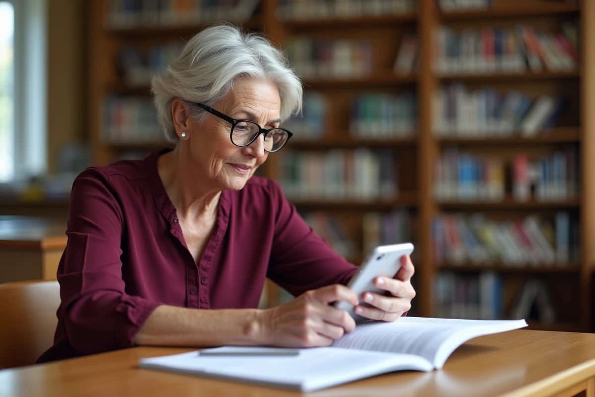 Femme d'âge mûr utilisant Govioz sur téléphone portable dans une bibliothèque publique