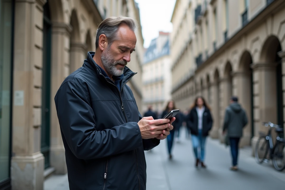 Homme consultant la plateforme Govioz sur mobile en pleine rue dans une ville française