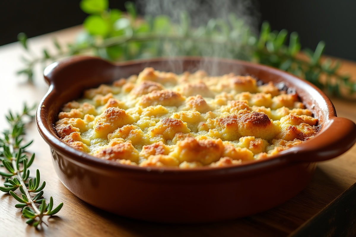 Gratin de courgettes doré sorti du four en cassolette rustique