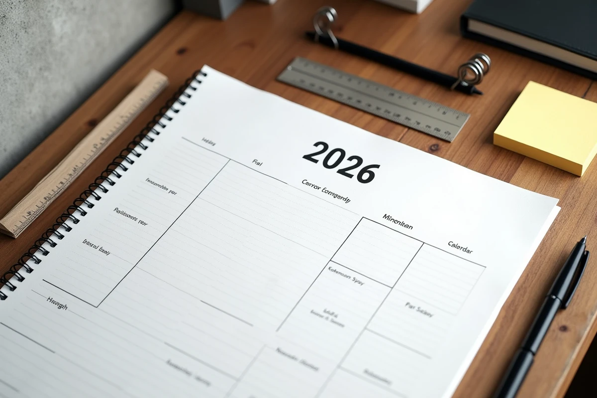 Gros plan d'un modèle de calendrier annuel 2026 vierge imprimé sur papier mat posé sur une table en chêne avec de la papeterie