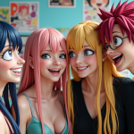 Groupe d'amis en cosplay Fairy Tail souriants devant un mur coloré