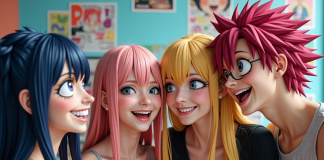 Groupe d'amis en cosplay Fairy Tail souriants devant un mur coloré
