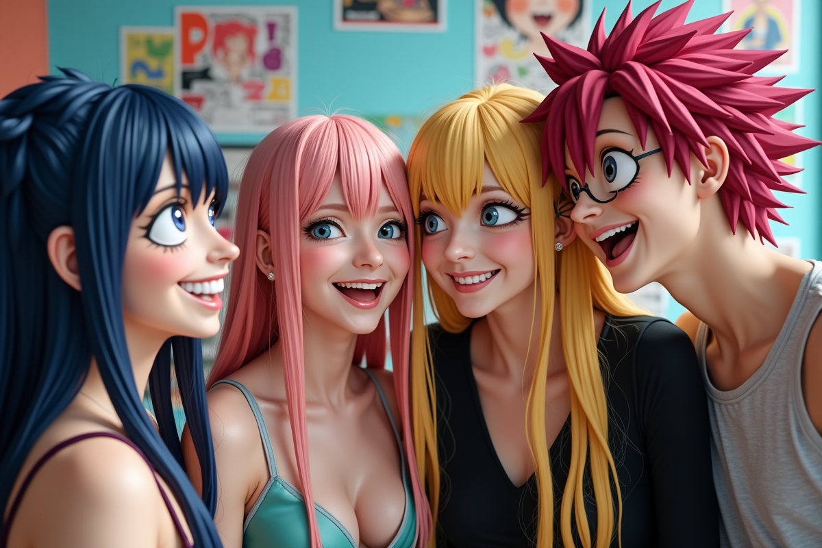 Groupe d'amis en cosplay Fairy Tail souriants devant un mur coloré