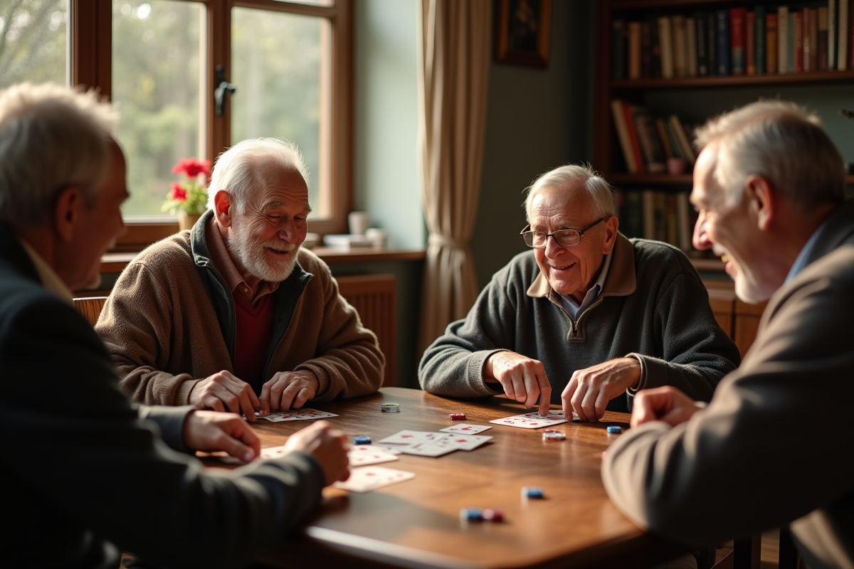 Groupe d'amis âgés jouant au rami autour d'une table chaleureuse