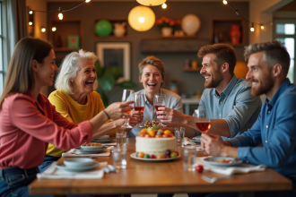 Groupe d'amis souriants autour d'une table conviviale