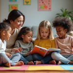 Respect de la diversité dans la garde d’enfants : conseils et bonnes pratiques à adopter Enfants écoutant une lecture dans un salon chaleureux
