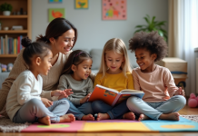 Enfants écoutant une lecture dans un salon chaleureux