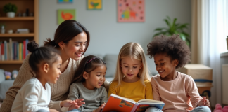 Respect de la diversité dans la garde d’enfants : conseils et bonnes pratiques à adopter Enfants écoutant une lecture dans un salon chaleureux