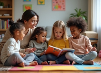 Respect de la diversité dans la garde d’enfants : conseils et bonnes pratiques à adopter Enfants écoutant une lecture dans un salon chaleureux