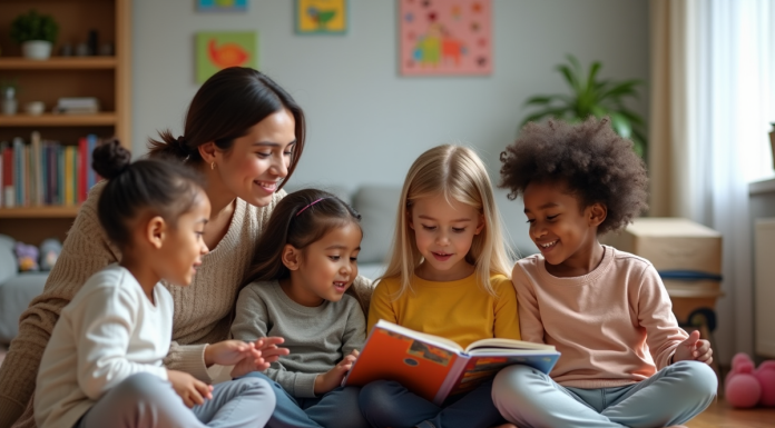 Respect de la diversité dans la garde d’enfants : conseils et bonnes pratiques à adopter Enfants écoutant une lecture dans un salon chaleureux