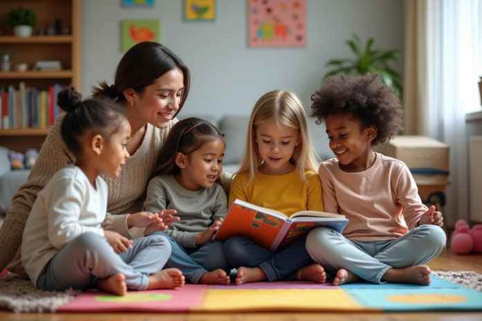 Enfants écoutant une lecture dans un salon chaleureux