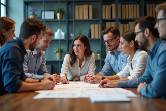 Groupe de professionnels en réunion autour de documents