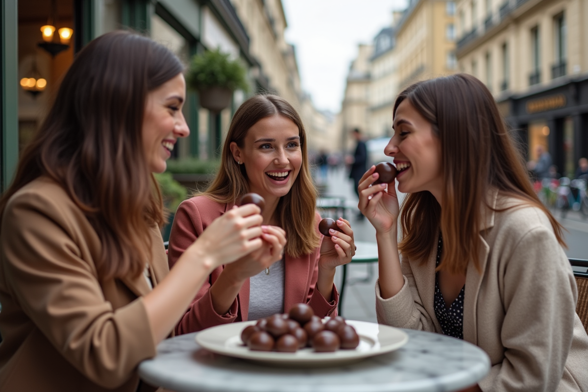 Groupe d amis dégustant des chocolats en terrasse parisienne
