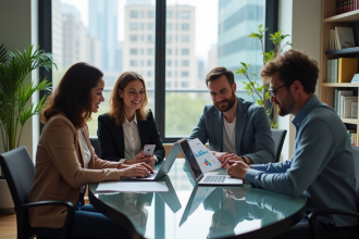 Groupe diversifié de quatre adultes en réunion moderne