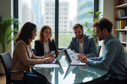Groupe diversifié de quatre adultes en réunion moderne