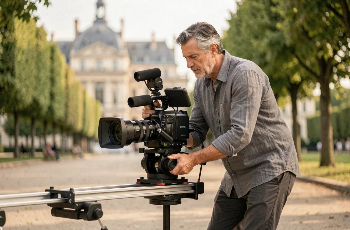 Vidéaste et photographe parisien filmant avec un slider dans un parc classique de Paris