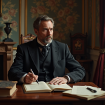 L’ombre de Baudelaire après sa mort : un génie littéraire immortel Homme français du 19e siècle dans un bureau ancien