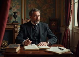 L’ombre de Baudelaire après sa mort : un génie littéraire immortel Homme français du 19e siècle dans un bureau ancien