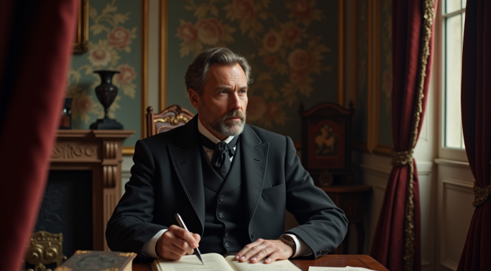 L’ombre de Baudelaire après sa mort : un génie littéraire immortel Homme français du 19e siècle dans un bureau ancien