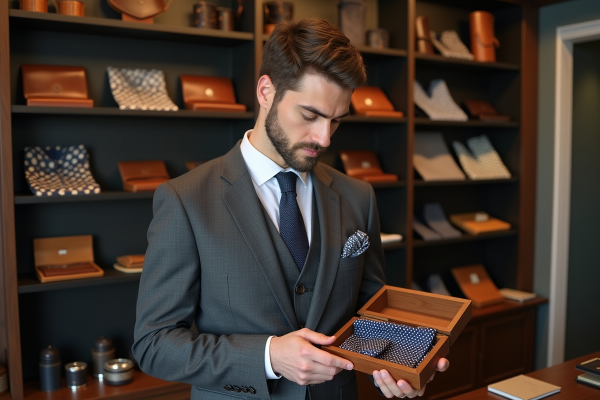 Homme choisissant un pochette dans une boutique chic