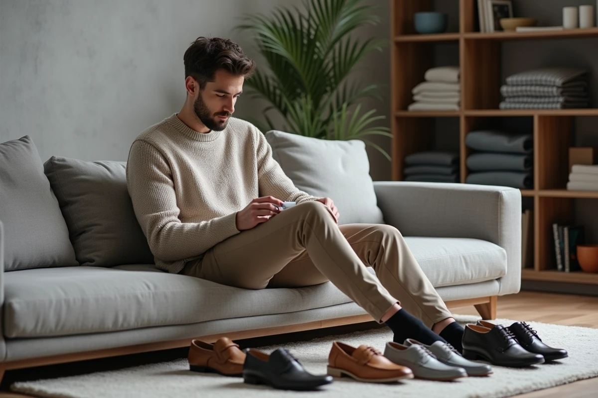 Jeune homme choisissant accessoires dans son intérieur