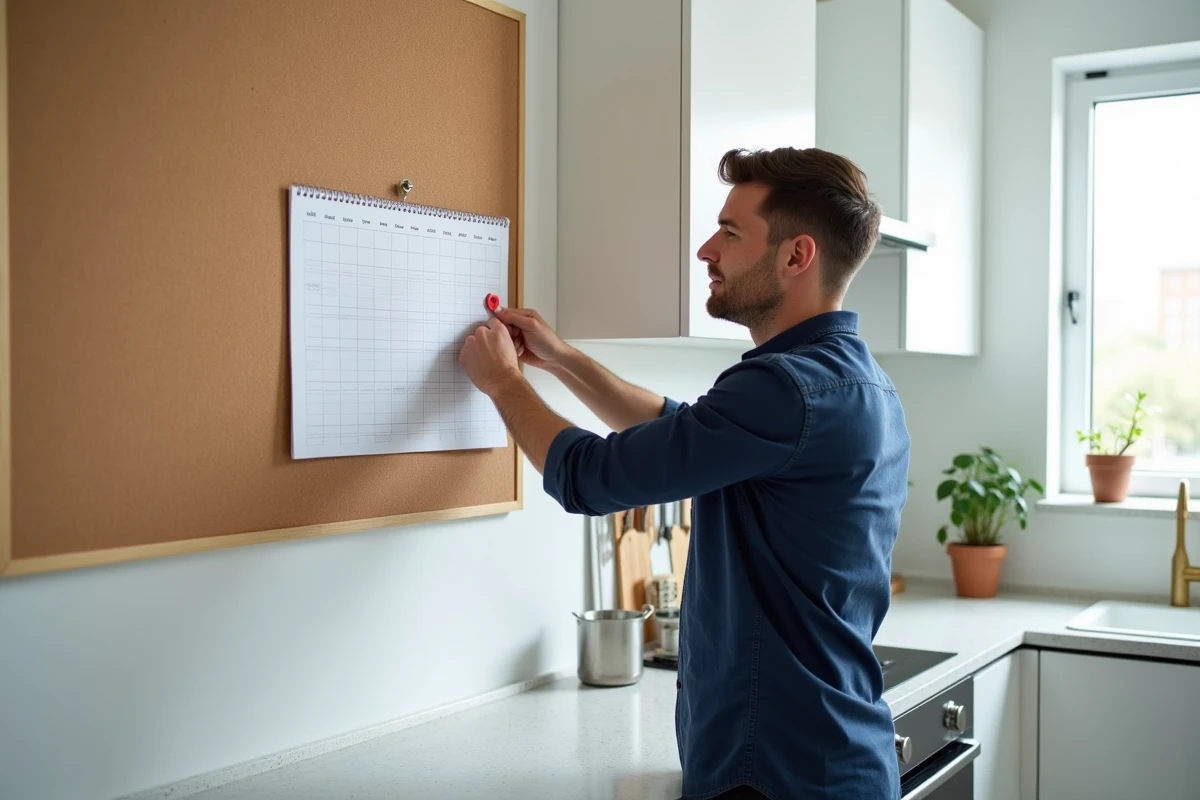 Homme accrochant un modèle de calendrier 2026 vierge sur un tableau en liège dans une cuisine moderne