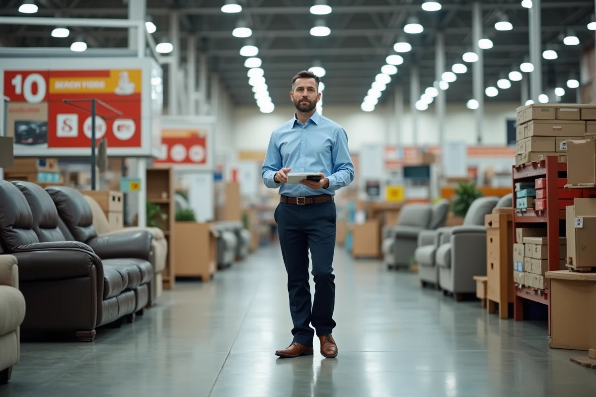 Homme en magasin de bricolage regarde les produits