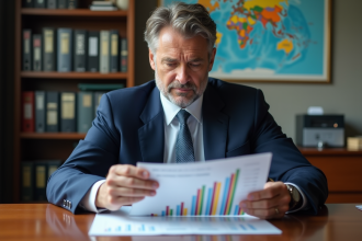 Homme d'affaires étudiant un graphique d'inflation dans un bureau