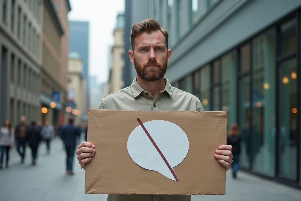 Homme avec panneau de restriction dans un espace urbain