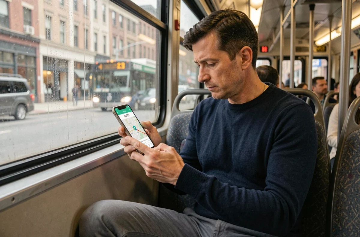 Homme utilisant une application mobile de suivi en temps réel du Bus 323 pendant son trajet dans les transports en commun