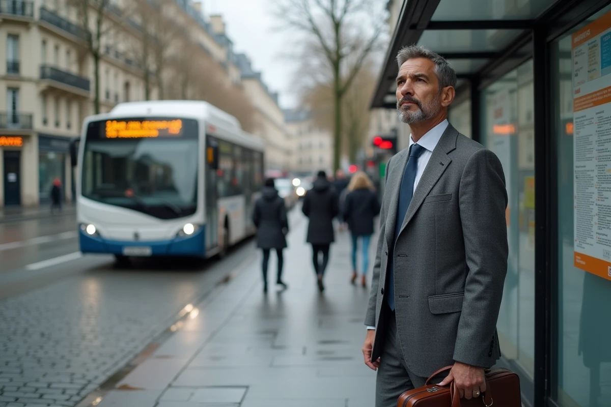 Homme d affaires attendant au bus parisien en ville