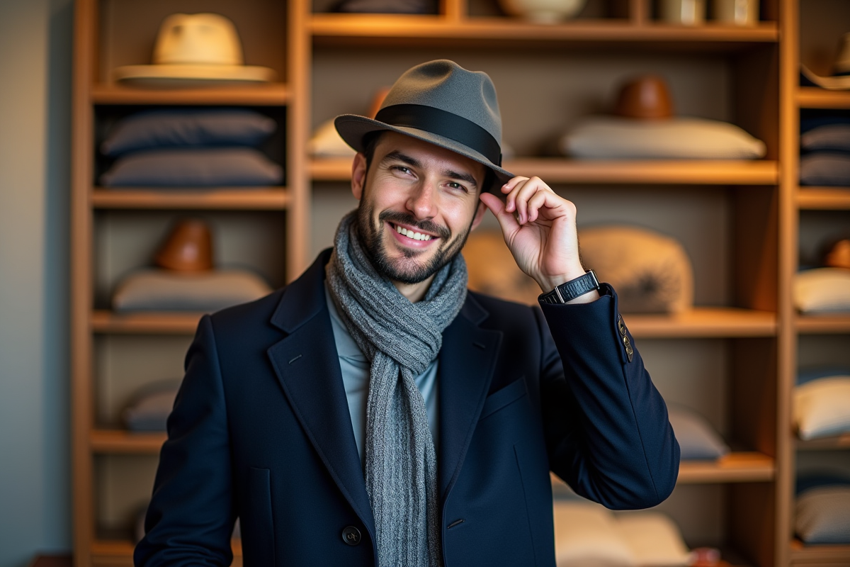 Homme ajustant son fedora dans une boutique chaleureuse