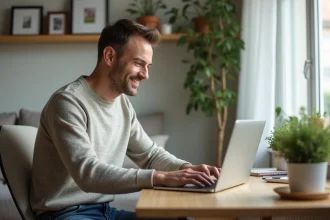 Homme d'âge moyen travaillant à domicile avec sourire naturel