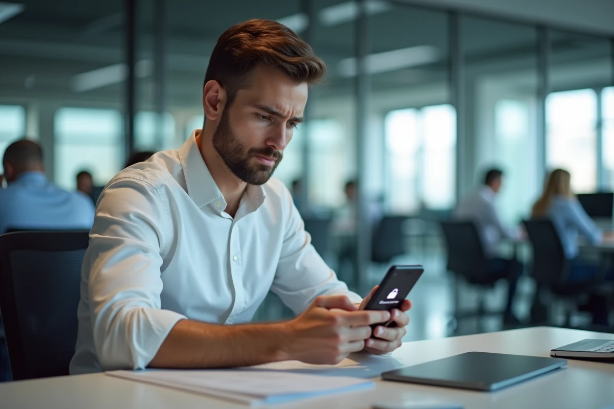 Homme en bureau tenant un smartphone affichant un accès refusé sur l'application Diparaz