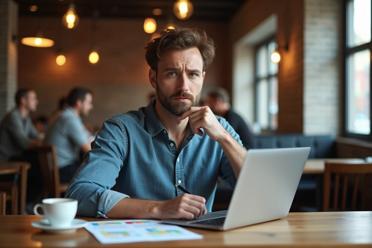 Homme comparant des organismes certificateurs sur son ordinateur portable dans un café, illustrant la phase de recherche et de questionnement avant certification