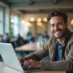 Comment Cédric Guérin a révolutionné le SEO à Chiang Mai Homme confiant avec un ordinateur portable dans un espace de coworking moderne