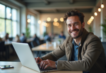 Homme confiant avec un ordinateur portable dans un espace de coworking moderne