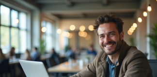 Homme confiant avec un ordinateur portable dans un espace de coworking moderne