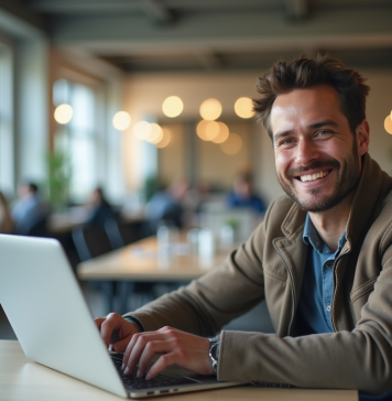 Homme confiant avec un ordinateur portable dans un espace de coworking moderne
