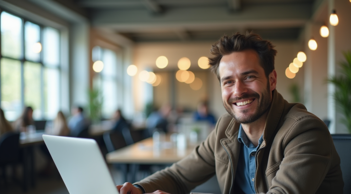 Homme confiant avec un ordinateur portable dans un espace de coworking moderne