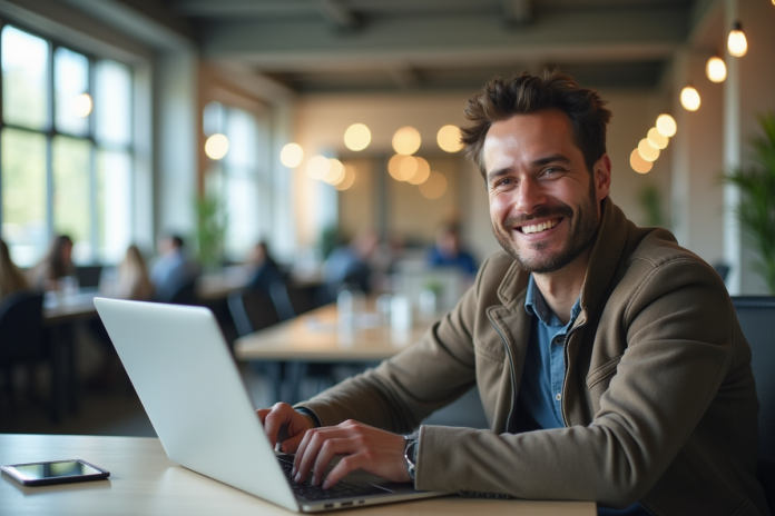 homme-confiant-laptop-coworking Homme confiant avec un ordinateur portable dans un espace de coworking moderne