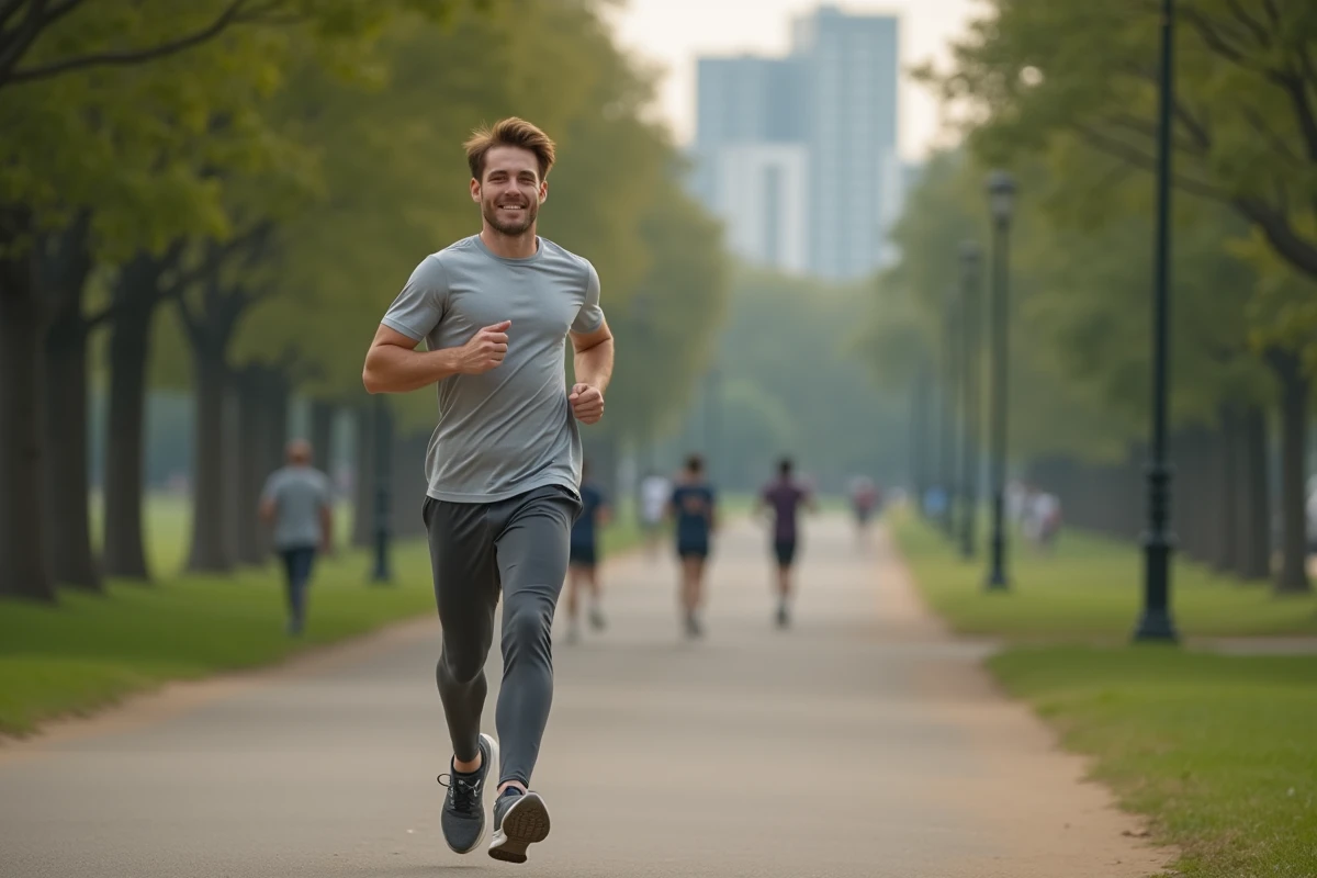 Jeune homme courant dans un parc en matinée